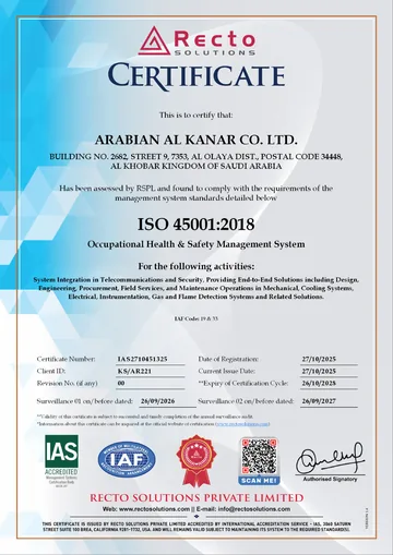 ISO 45001:2018 certificate issued to Arabian Al Kanar Co. Ltd.