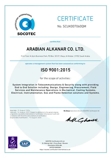 ISO 9001:2015 certificate issued to Arabian Al Kanar Co. Ltd.